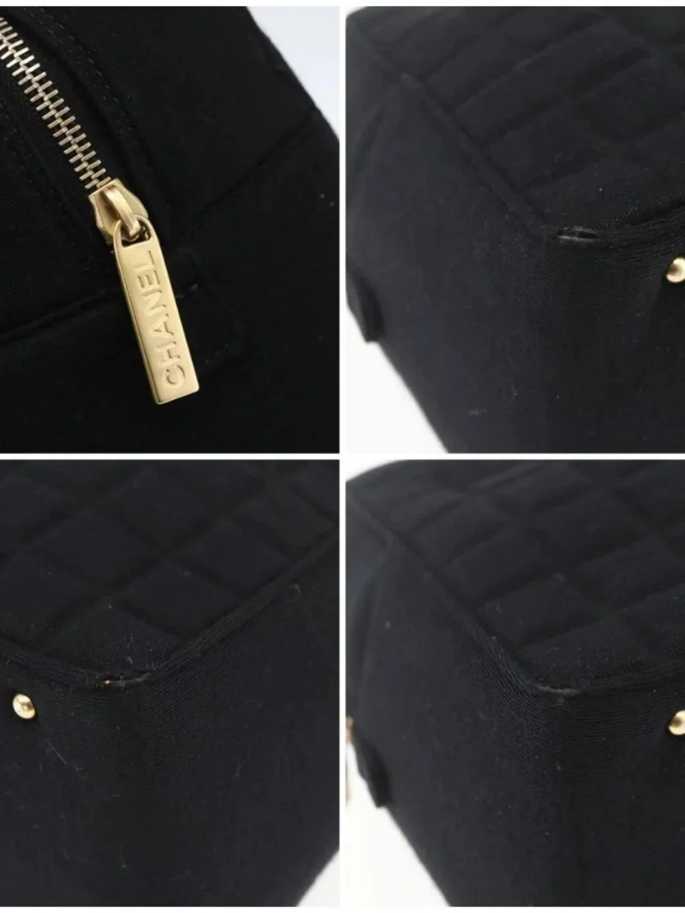 CHANEL Choco Bar Hand Bag Cotton Black Gold CC Auth 158843